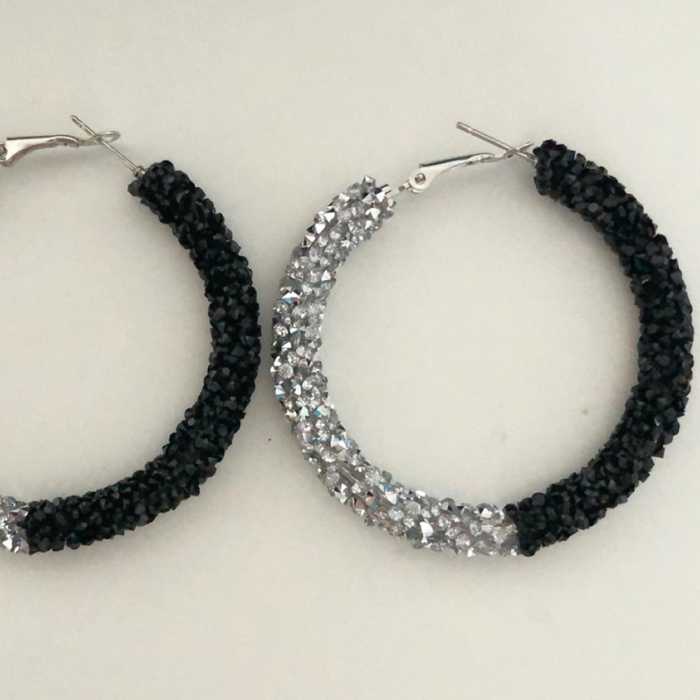 Black and silver beaded hoops NEW